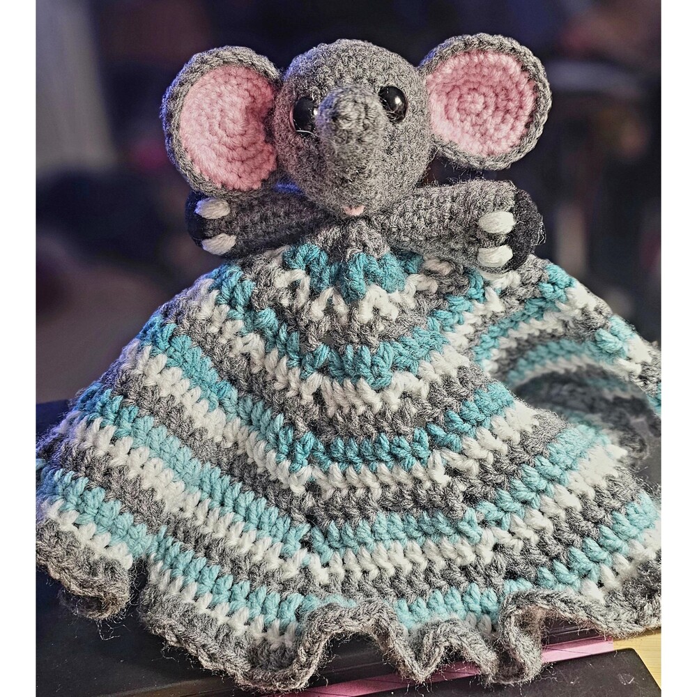 Handmade Crochet Elephant Lovey Gray Aqua White Lovey - Picture 3 of 4